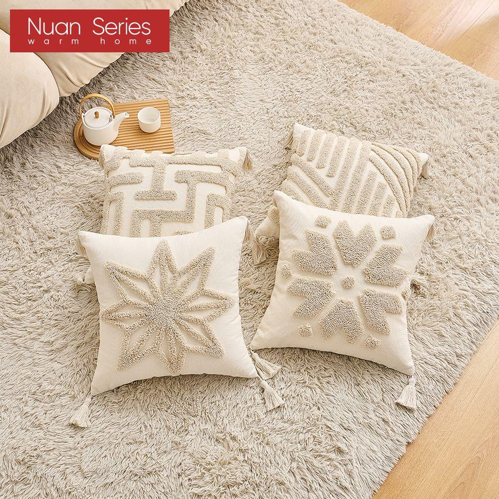 1 Stück Nuan Serie Beige Weicher Kissenbezug Böhmischer Quastenstil Getuftet Gestickt Kissenbezug für Sofa Wohnzimmer Schlafzimmer Heimdeko