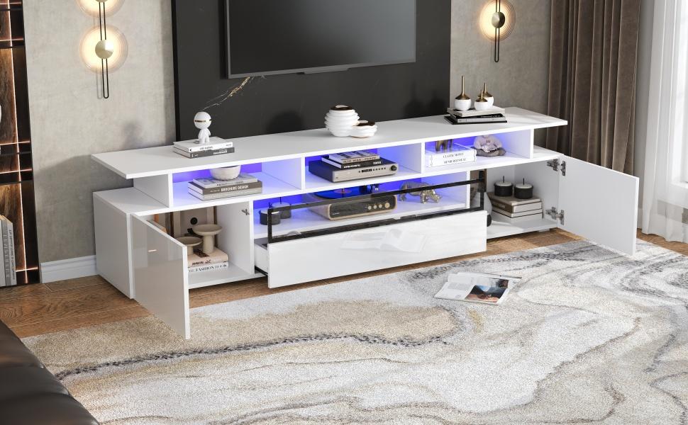 Έπιπλο Τηλεόρασης 180*38*45cm με 2 Ντουλάπια και 1 Συρτάρι, Lowboard με LED και 10 Επιφάνειες Αποθήκευσης, Κατάλληλο για Τηλεοράσεις περίπου 75 ιντσών