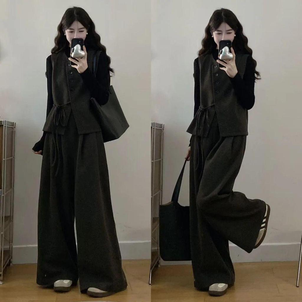 Chic Autumn Plus Size Three-Piece Set: Base Shirt, Stylish Vest, Slimming Wide-Leg Pants