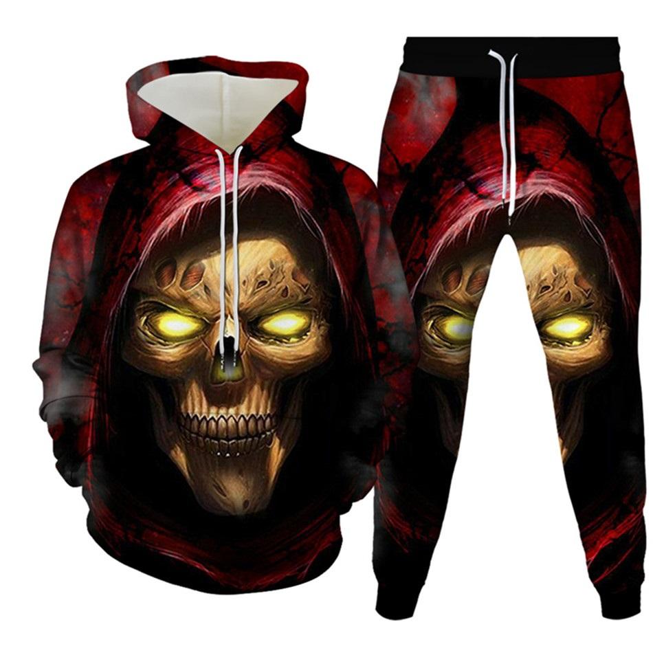 New Men's Tracksuit Sets Goth Punk Skull Fire 3D Printing Hoodies Pants Suit High Quality Skeletons Pullover Streetwear Oversized