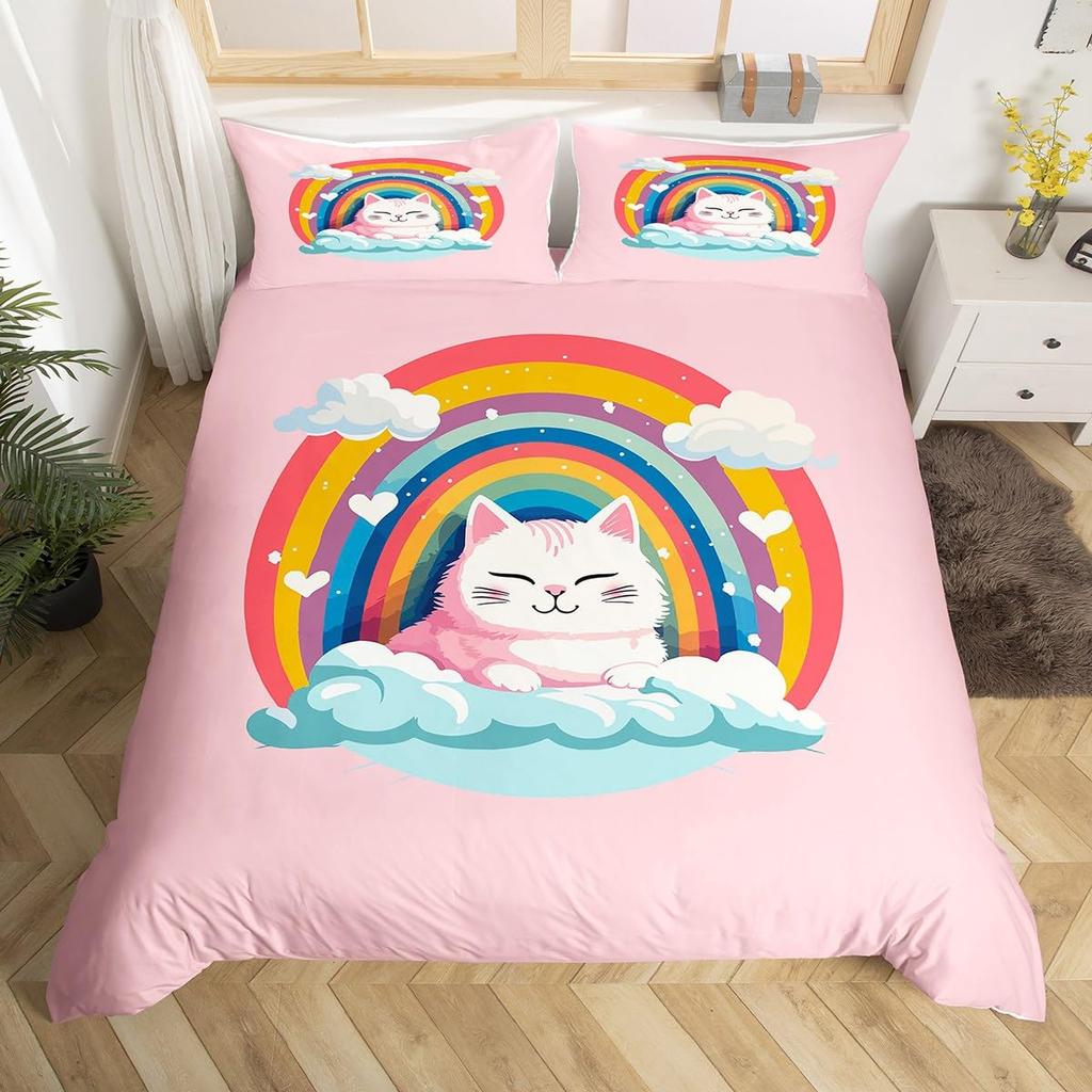 Comforter Cartoon Cat Unicorn Sweet Strawberry Milk Bedding Set Pet Animals Comforter Desserts Cakes Food