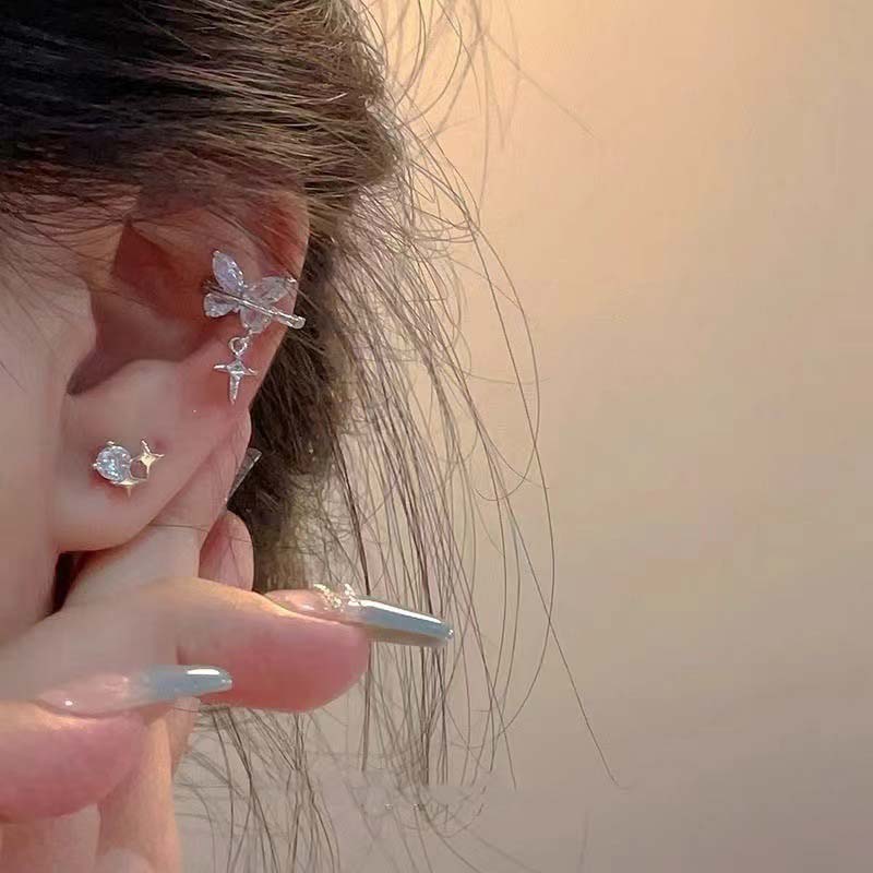 Exquisite Sliver Color Butterfly Ear Clip for Women Sparkling Zircon Star Pendant Cartilage Clip Earring Ear Cuff Jewelry Gifts
