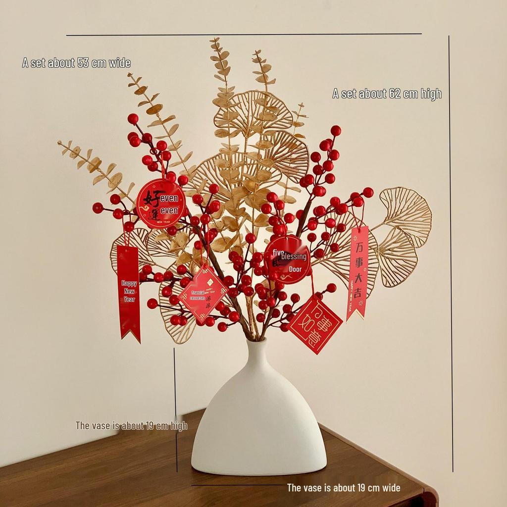 Chinese 'Fu' Character Ornament with Red Simulated Flowers – New Year Home Decoration for Living Room and Entrance Hall, Elegant Atmosphere Enhancer.