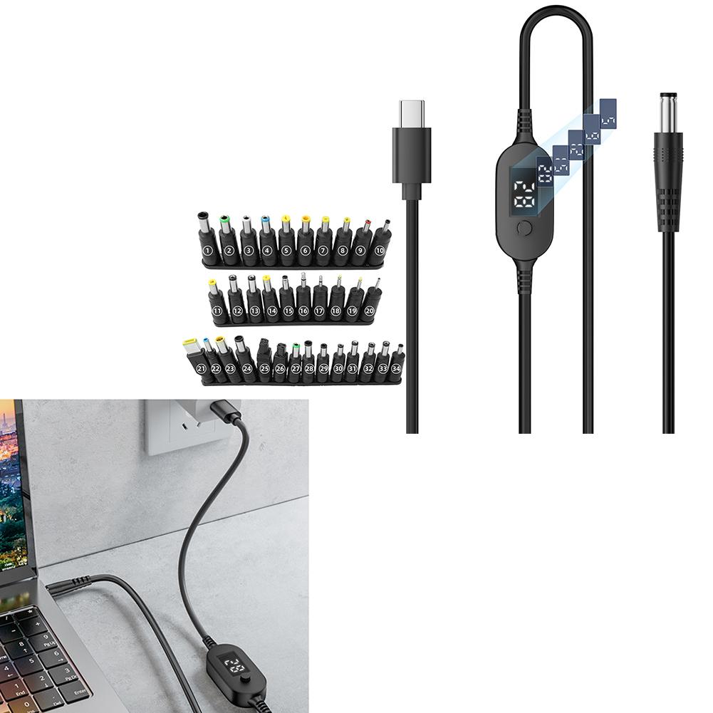 Type-C To DC 5.5x2.5mm Power Cable 140W 6-Level Adjustable Voltage Display For Laptop Router Camera Charging Adapter Kit