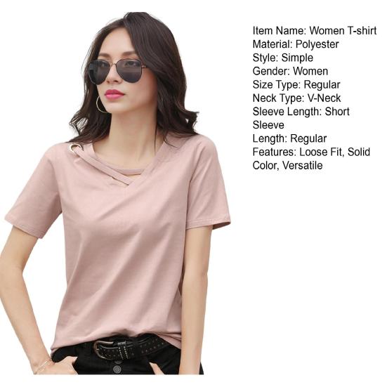 Women T-shirt V-Neck Lace-Up Collar Short Sleeve T-Shirt Solid Color Loose Fit Casual Tee