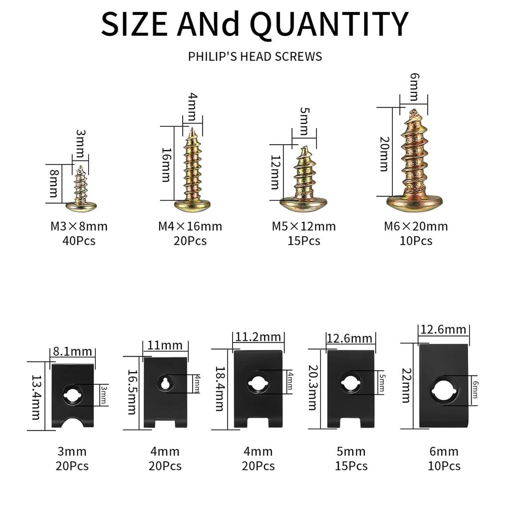 180 Pcs Automotive Screws And Car U Clips Assortment Kit, Including 90 Pcs Cross Head Mounting Screws, 90 Pcs Automotive U-Style Screw Clip-On Nuts,