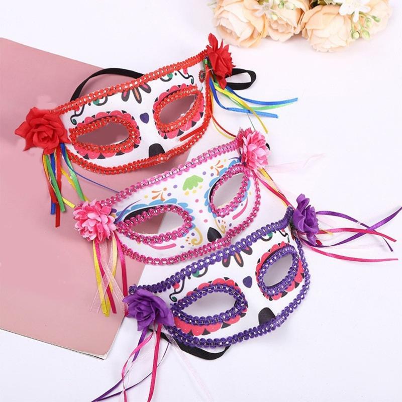 Painted Skull Face Mask For Halloween Festival Party Adjustable Breathable Party Accessory With Floral Design