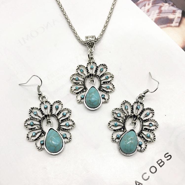 Vintage Necklace Earrings Set Bohemian Ancient Silver Turquoise Sweater Collarbone Chain Versatile Earrings