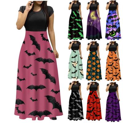 Moda damska Halloweenowa sukienka maxi z okrągłym dekoltem i krótkim rękawem