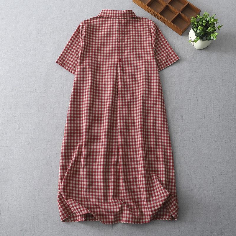 2025 summer new loose large size dress medium and long temperament casual cotton and linen plaid shirt skirt women