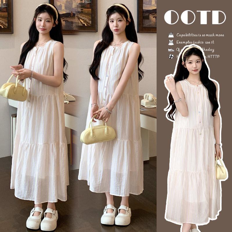 2026 Korean Chic Striped Sleeveless Vacation Dress 2XL