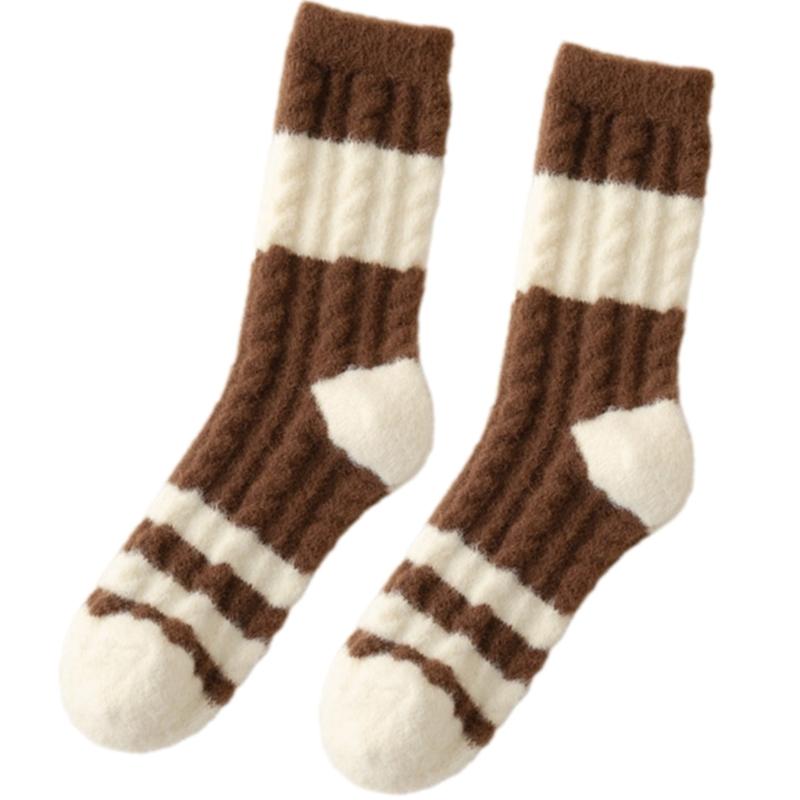 Women Twist Jacquard Fuzzy Plush Socks Winter Warm Color Block Striped Fleece Sleep Socks Thermal Floor Slipper Socks