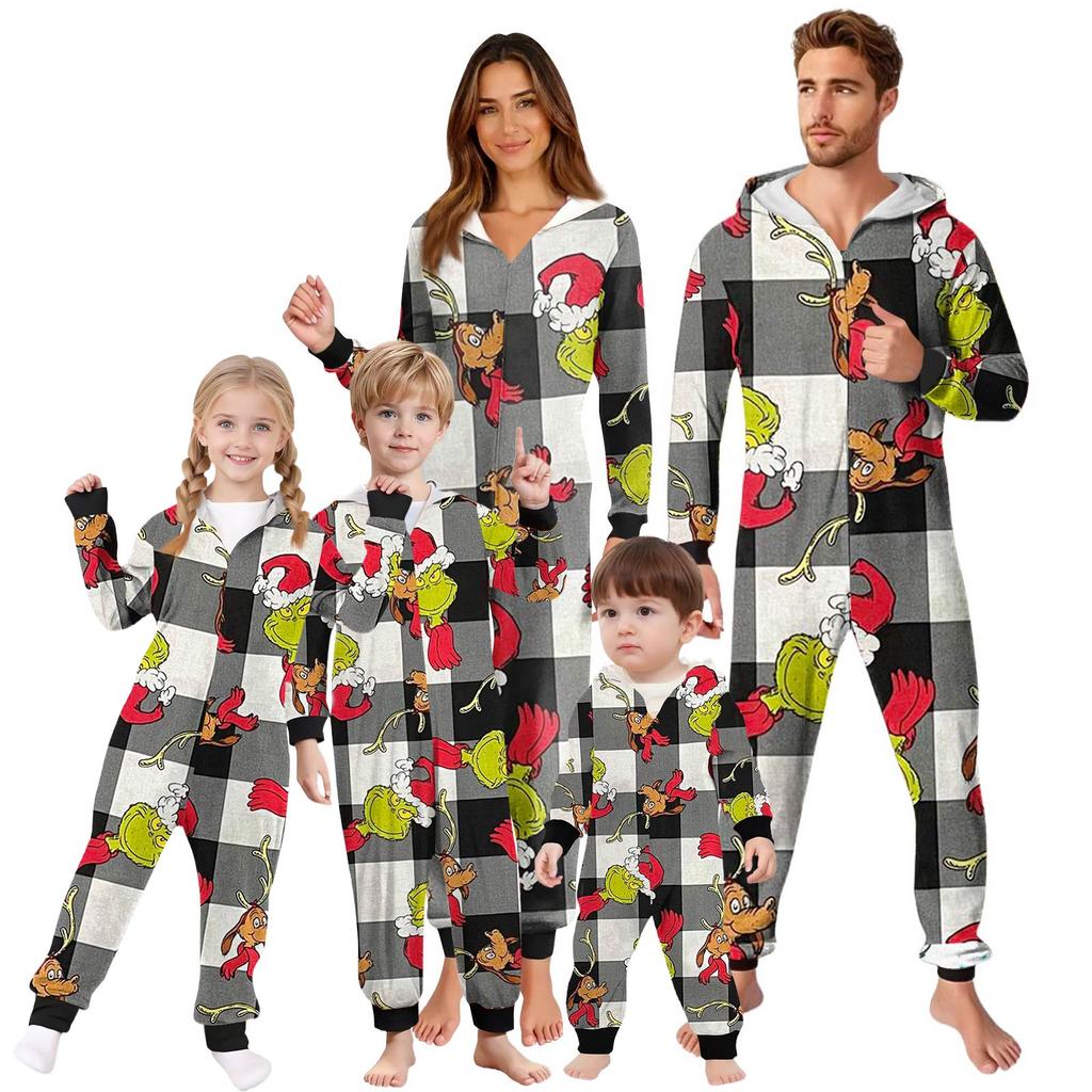 Parent-Christmas Printed Parent-Child Hooded Zip One-piece