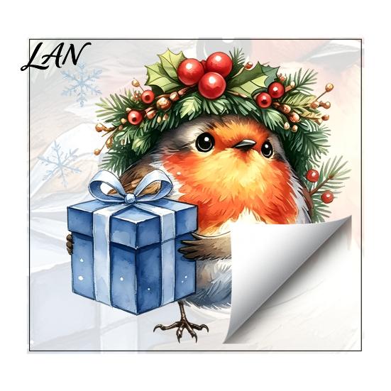 Cute Animal Pattern Stickers Christmas Bird Static Window Sticker, Watercolor Glass with Wreath And Gift Box, PVC Creative Holiday Waterproof
