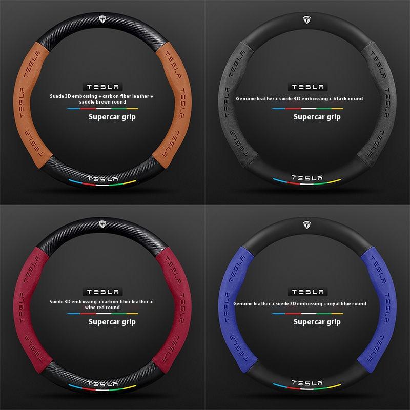 ALA1 Tesla Model 3 Model Y Model S Model X Roadster Suede Carbon Fiber Anti-slip Breathable Car Steering Wheel Cover Auto Accessories