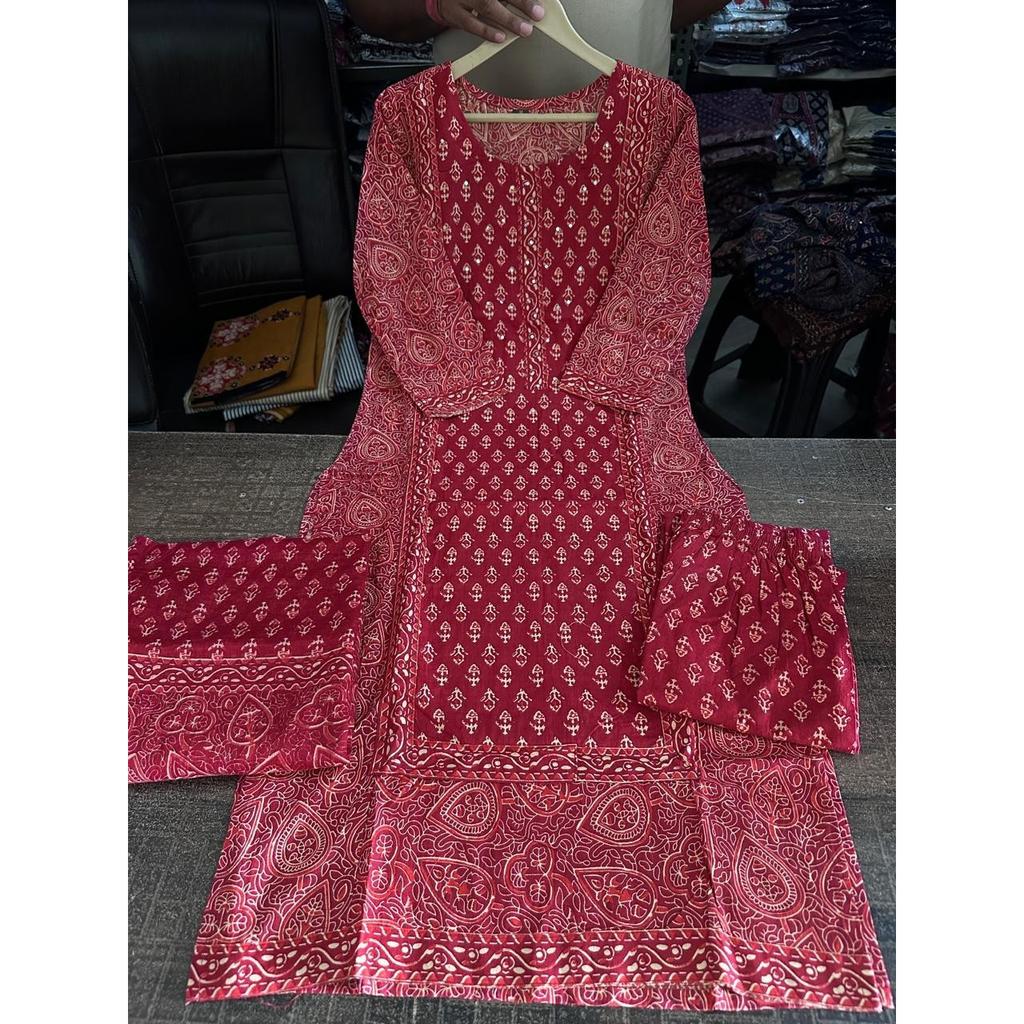 Heavy Cotton Women's Kurti Pant Dupatta Set Indian Designer Top Tunic Kurta Set