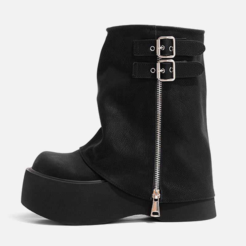 Mode Mode Bottes Mi-Mollet à Boucle pour Femmes Décoration Grande Fermeture Éclair Compensées Bottes à Plateforme Chaussures d'Automne pour Femmes en Faux Cuir