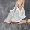Fashion 8cm Air Mesh Thick Heel Embroider Lace Platform Wedge Bling ZIP Breathable Rhinestone Summer Hollow Women Fashion Shoes