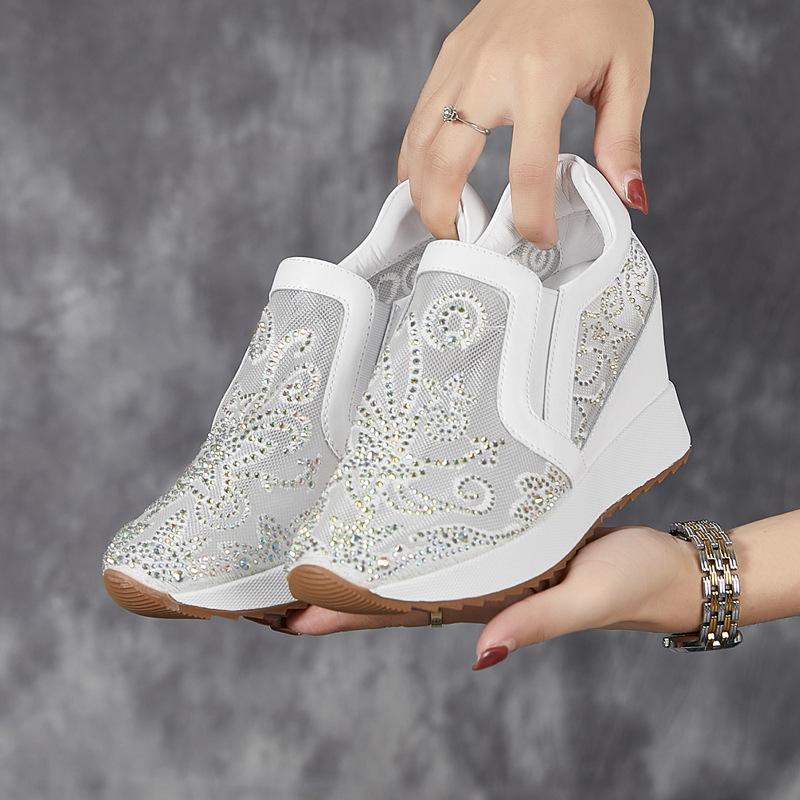 Fashion 8cm Air Mesh Thick Heel Embroider Lace Platform Wedge Bling ZIP Breathable Rhinestone Summer Hollow Women Fashion Shoes