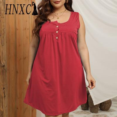 HNXC Kadın Moda Yaz Bahar Düz Renk Baskı Kolsuz U-Boyun Günlük Elbiseler