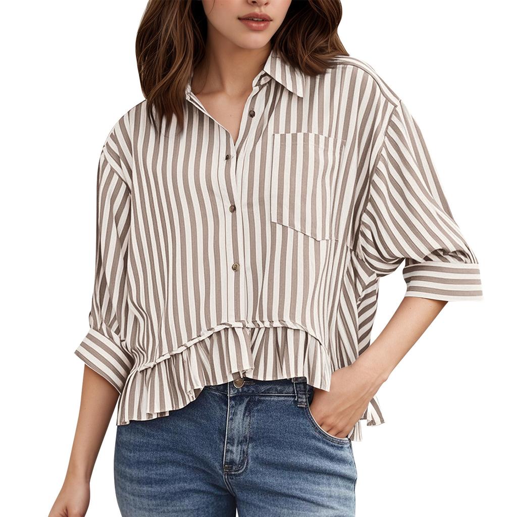 Women's Fashion Casual Shirt Ruffle Button Striped T-Shirt Top