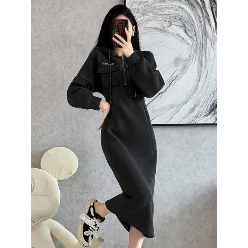 

Элегантное повседневное платье-толстовка с капюшоном на флисовой подкладке, осень-зима, новое роскошное приталенное длинное платье XL чёрный