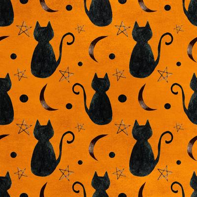 Royal Velvet Fabric Polyester For Sewing - Motif Black Cat On An Orange