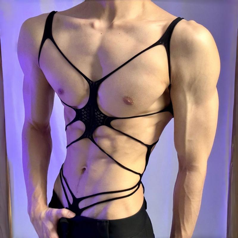 Men Plus Size Transparent Hollow Out Open Crotch Bondage Sexy Intimate Bodysuit