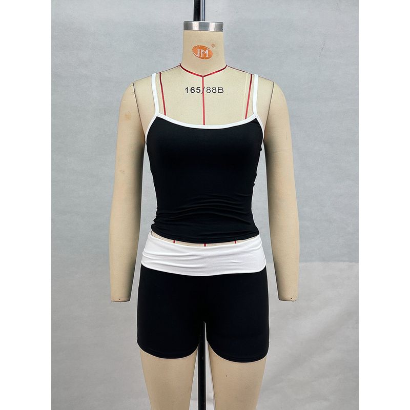 Outfitgirl Fashion Ins Contrast Color Splicing Sling Vest Women's Casual Sports Versatile Shorts Two-piece Set Suit