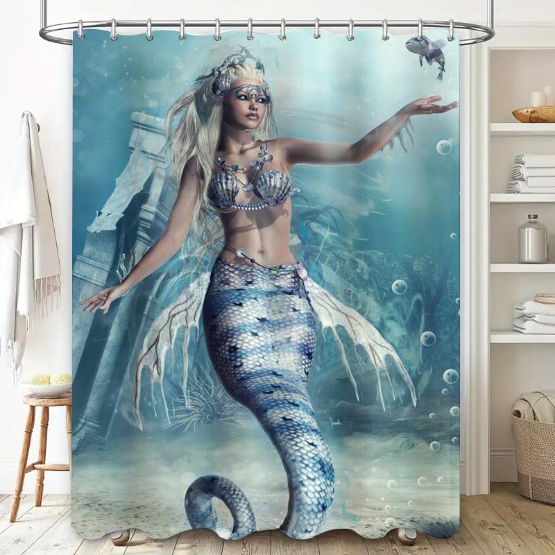 Underwater Mermaid Bathing Suit Shower Curtain Set for Bathroom Decor – Blue White Artistic Print Indoor Waterproof Home Decorat
