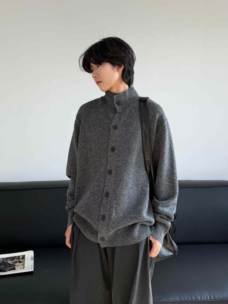 Pánský japonský retro pletený kardigan se stojáčkem – Jednoduchý, univerzální, ležérní svetr v jednobarevném provedení