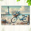 Coastal Charm Vintage Blue Bicycle Metal Tin Sign   Healing by the Sea PreDrilled Wall Art with Lighthouse and Ocean Scene