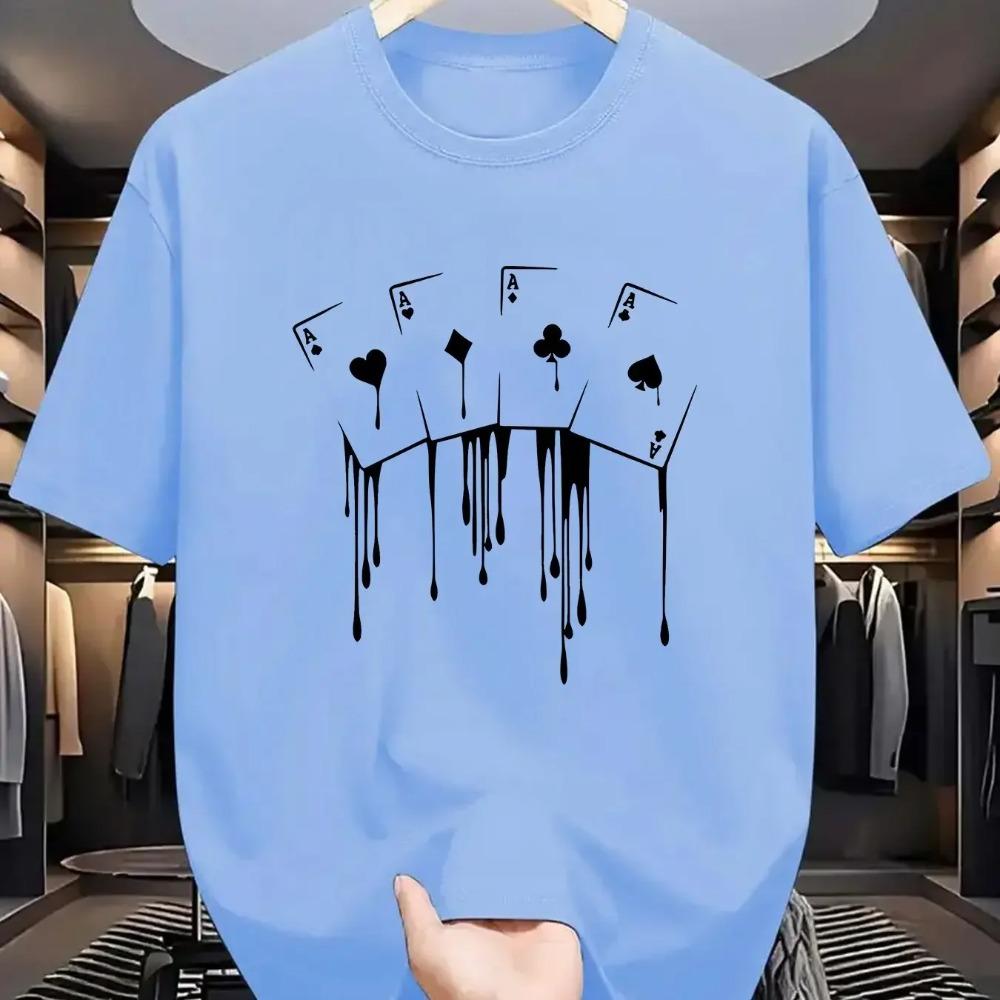 Summer Men's 100 Cotton Casual Loose Plus Size Poker Card Pattern Printed Sports Comfortable Round Neck Short Sleeve T-shirt