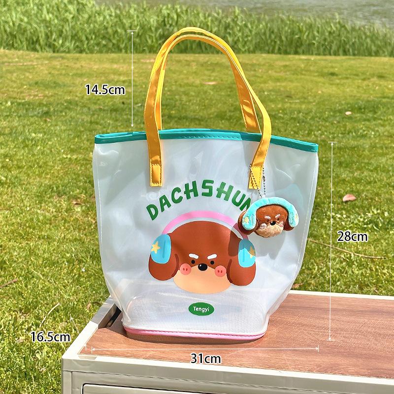 Jelly Beach Bag Waterproof Kawaii Print Pvc Storage Bag Transparent Travel Handbag Shoulder Bag Shopping Bag With Cute Pendant