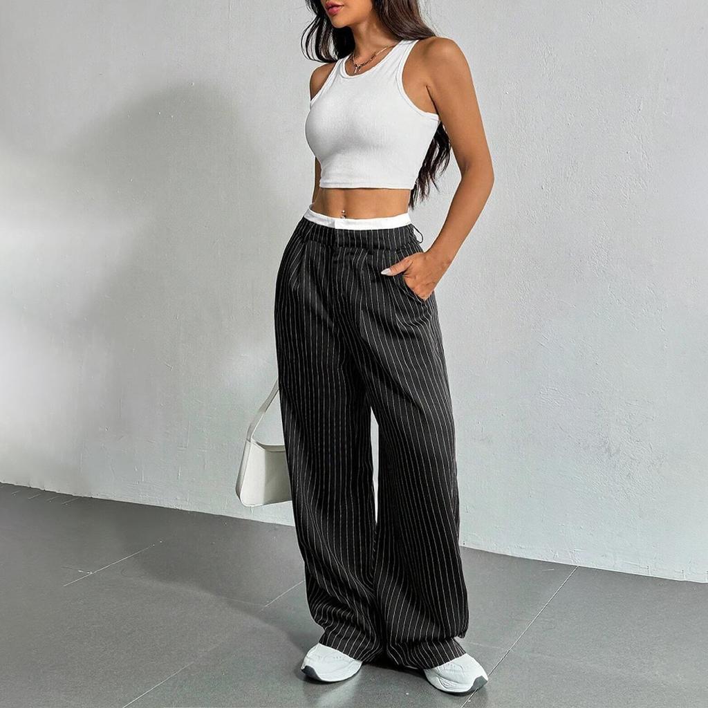 Women's Casual High Waist Patchwork Western Pants Draped Wide Loose Straight Pants