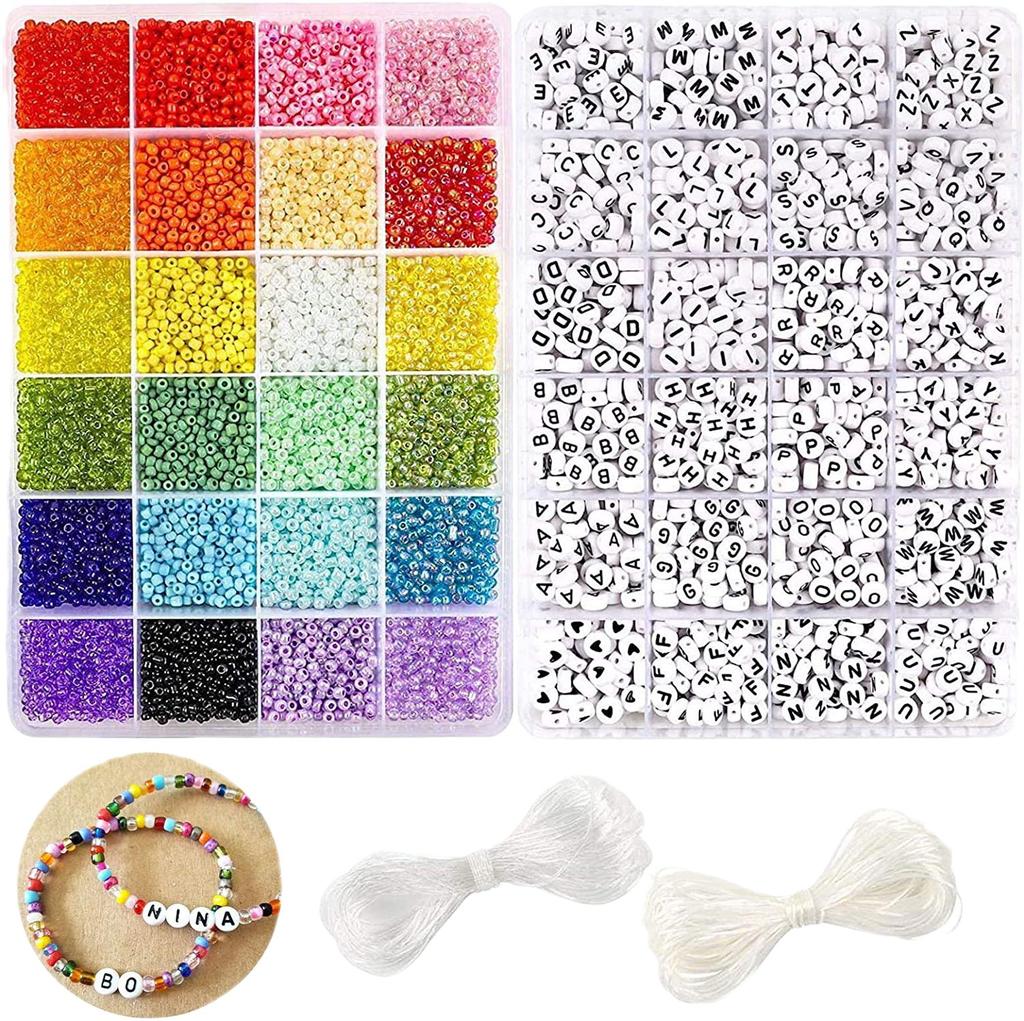 Diy Bead Set 10800 3Mm Glass Beads And 1200 Letter Beads Bracelet Jewelry Necklace