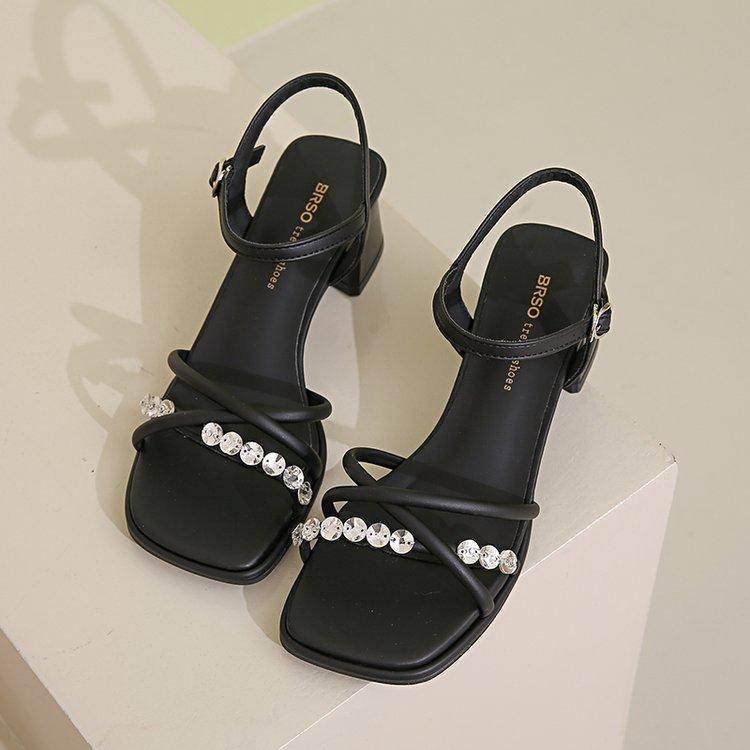 

Fashion 2025 Women s Sandals Summer New Medium Heel Square Head Rivet Thin Strap Buckle Slippers Casual Comfortable Sandals 33 чёрный