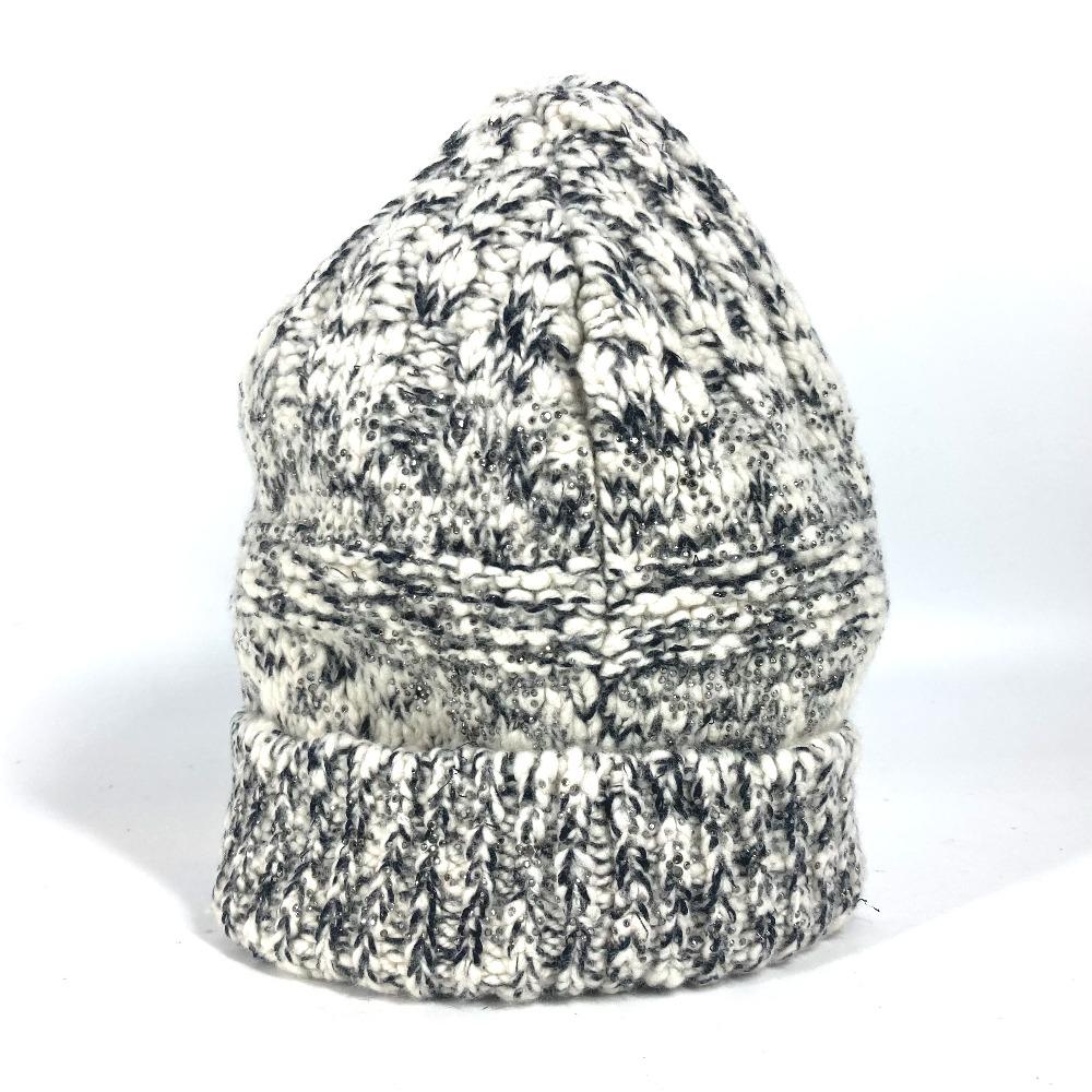 CHANEL Rhinestone beanie knit hat knit cap Knit hat Wool / Cashmere Black/White