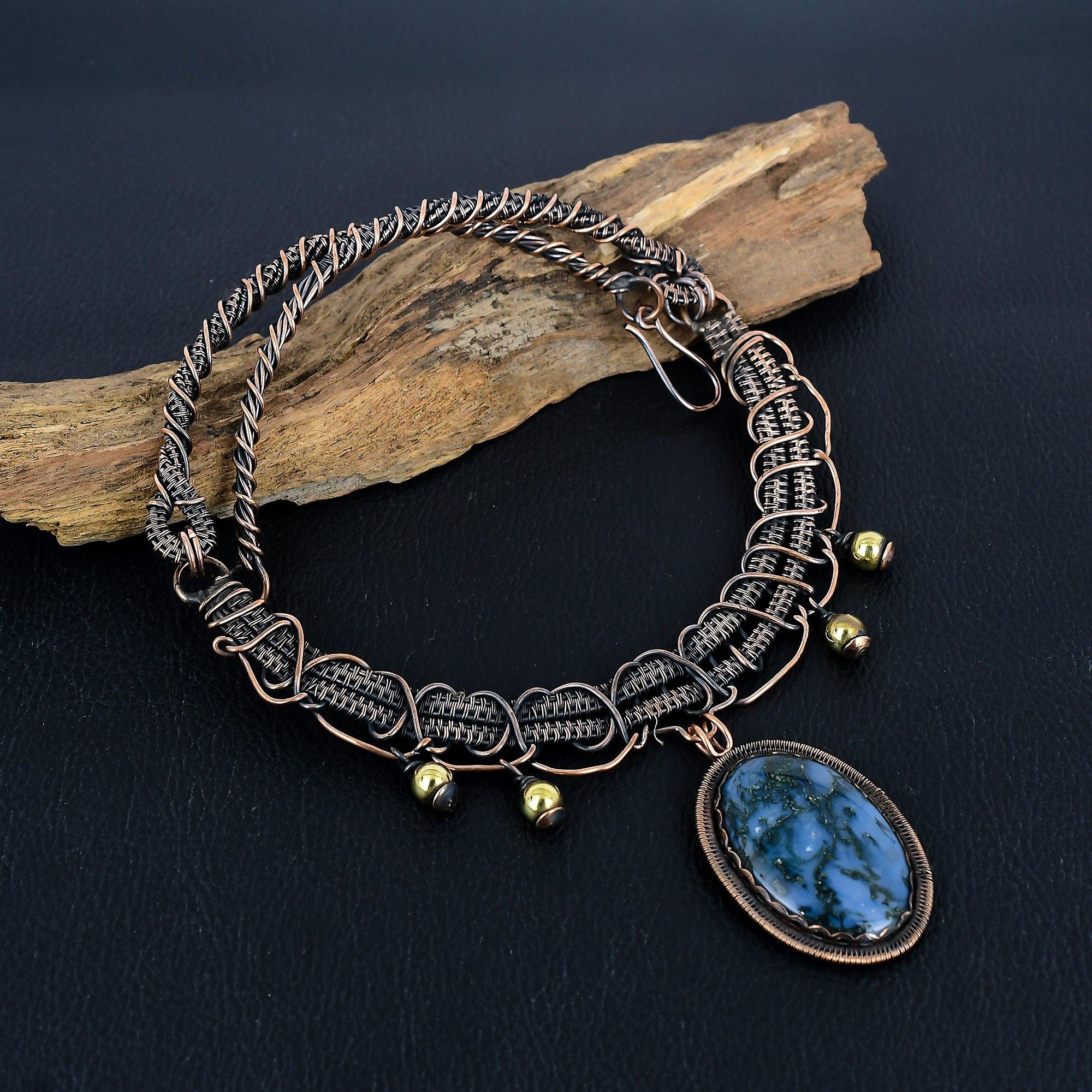 

Moss Agate Necklace, Gemstone Jewelry 999 Copper Wire Wrapped Necklace, Gift For Women Handmade Necklace