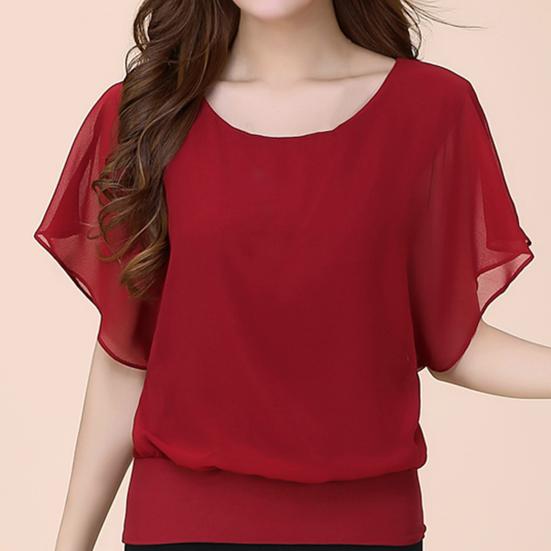 Women Top Solid Color O Neck Pullover Batwing Sleeve Ruffle Summer Top Daily Garment