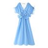 Kaslead New Arrival Women's Clothing Fashion Style Fashion Three-Dimensional Flower V Neck Short Sleeve Drawstring Dress