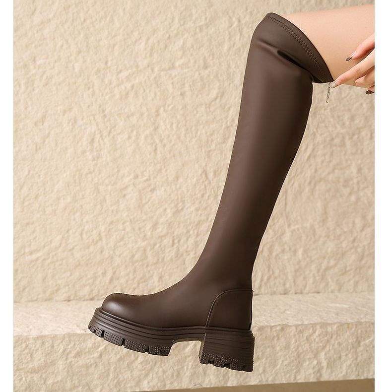6Cm autumn and winter velvet soft leather thick-soled high-heeled knee boots women's black rear zipper round head thick-heeled high boots
