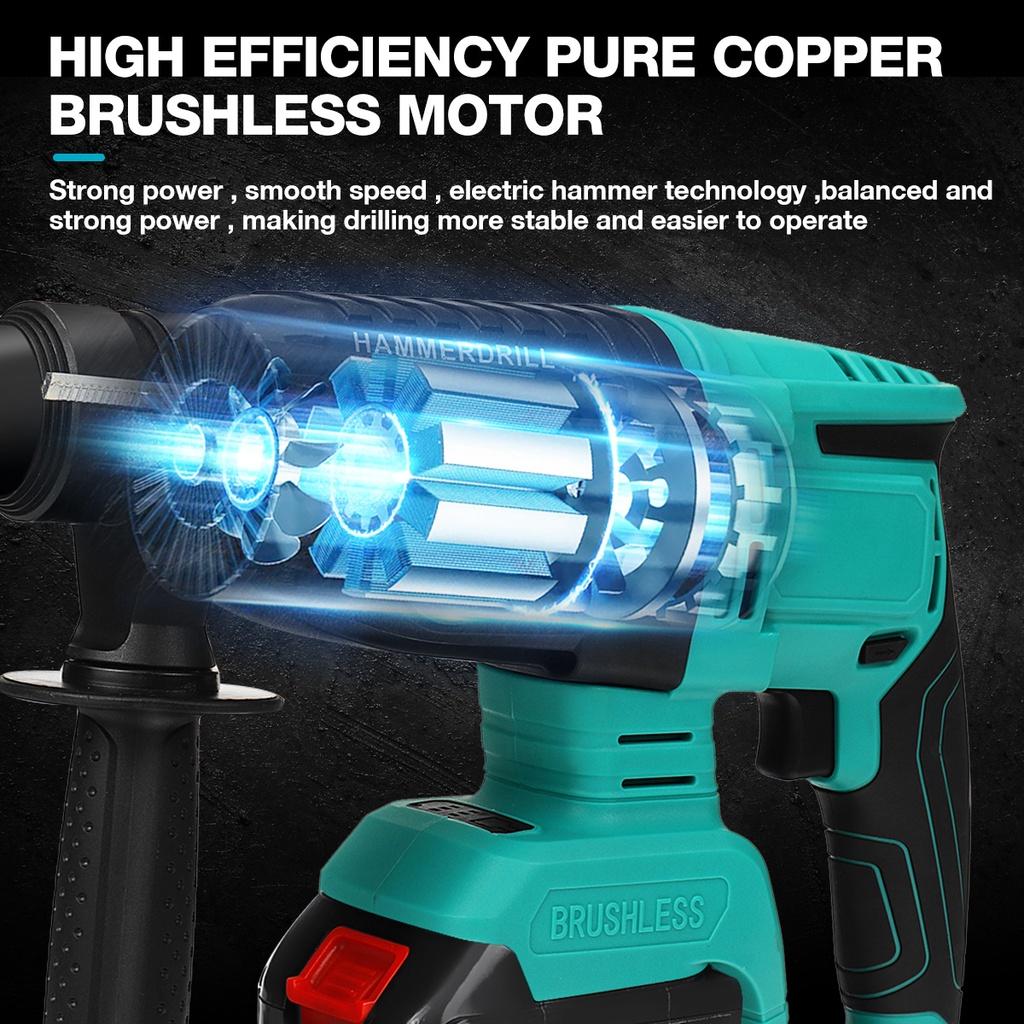 1400/min Brushless Cordless Rotary Hammer Drill 1/2 Batteries Rechargeable Electric Hammer Impact Drill for 18V Battery Green New 13.4x8.7""
