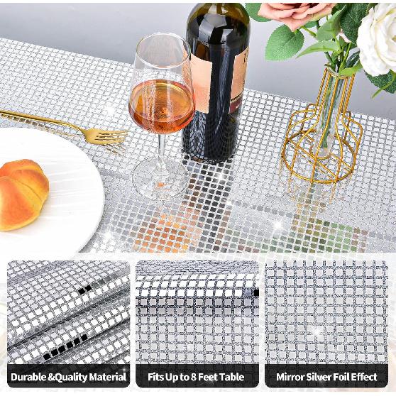 54 x 108 Inches Disco Party Tablecloth Mirror Silver Foil Table Cloth Glitter Metallic Table Cover Sparkle Table Runner for 70s 80s Disco Dance Party