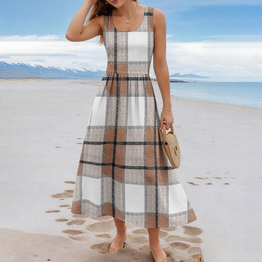 Ladies' Checkered Summer Casual and Fashionable Sleeveless Long Dress