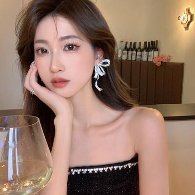 1Pair Luxury Full  Bowknot Pendant Earrings For Women Exaggerated Elegant Ribbon Bow Long Tassel Earrings Jewelry