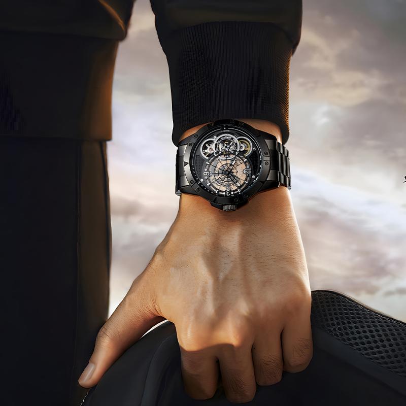 Orologio Meccanico Automatico da Uomo Mark Fairwhale 46MM Cassa in Metallo Quadrante Interstellare Impermeabile Luminoso Scheletrato Cronografo