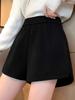 Women's Black High-Waist Woolen A-Line Wide-Leg Shorts - Autumn/Winter Casual Wear