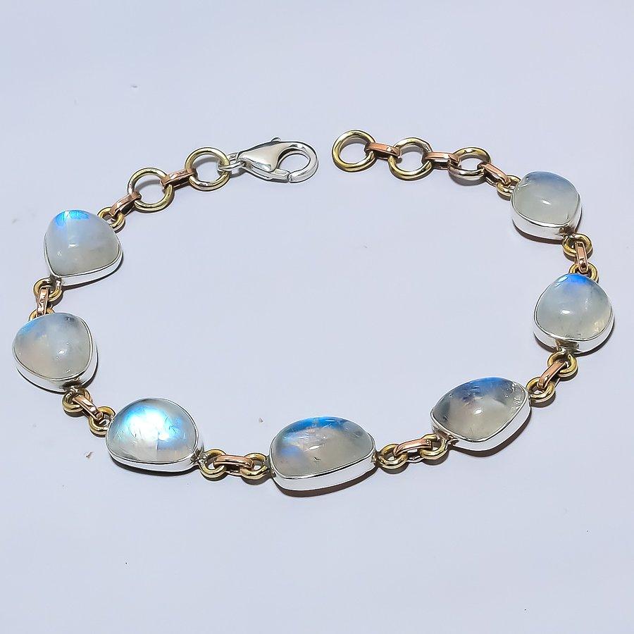 Natürlicher Regenbogen-Mondstein, 925er Sterling-Silber, zweifarbiges Armband, 17,8–20,3 cm, g1O85