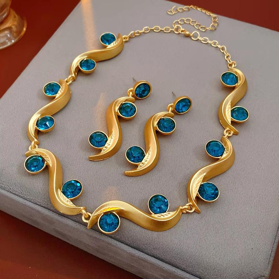 Wave Long Earrings Blue Rhinestone Adjustable Chain Necklace Bohemian Women Jewelry Set